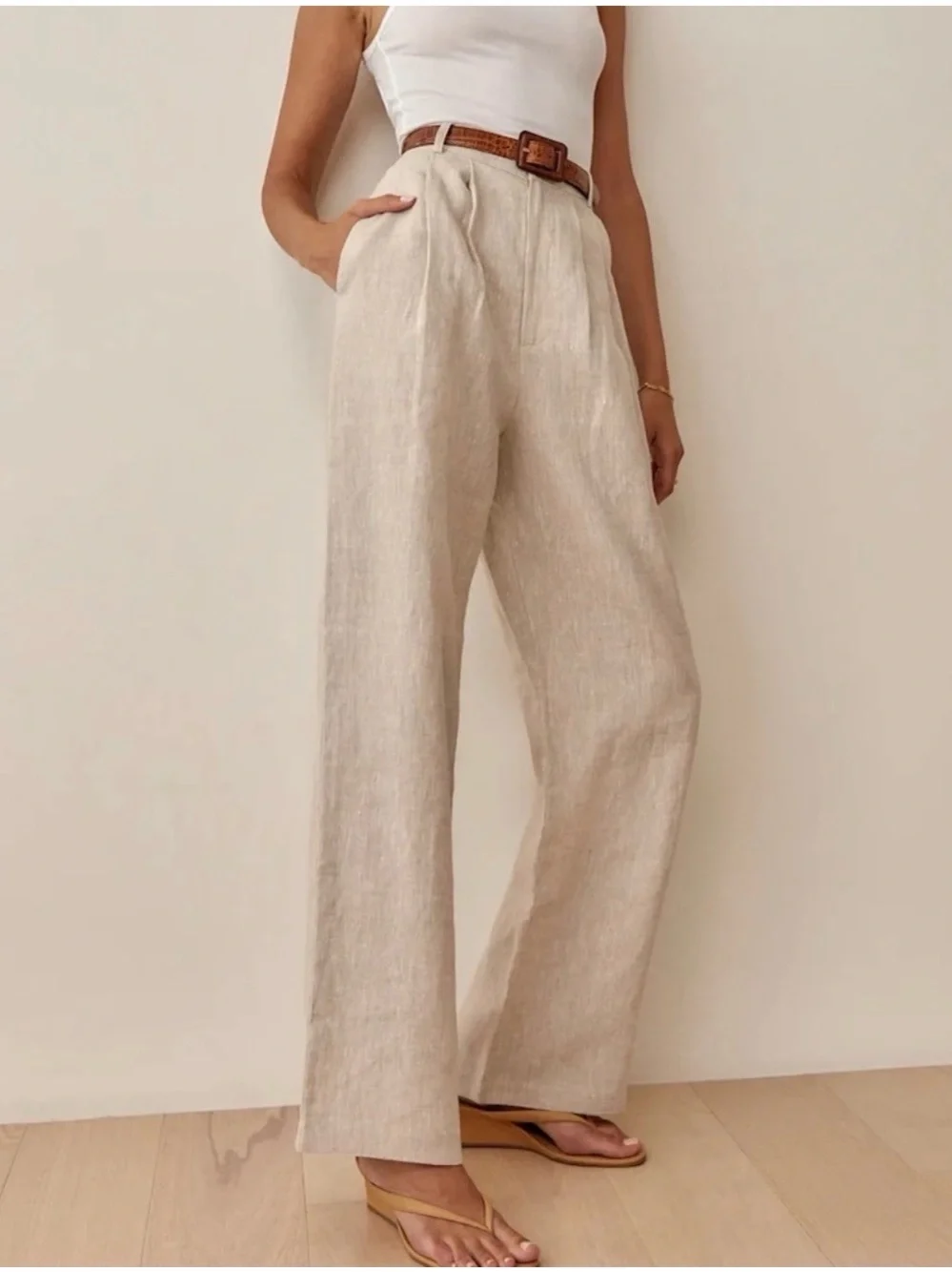 Reformation Vesta Pant High-Waist Wide Leg Linen trouser - oatmeal Sz 4